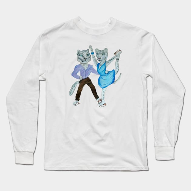 Snow Leopards Go Ice Skating Long Sleeve T-Shirt by mariasibireva